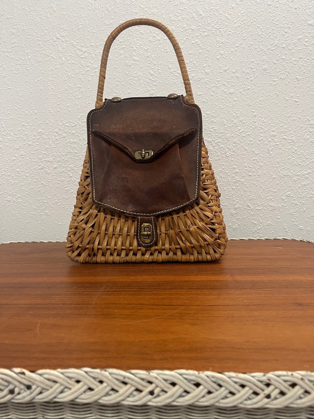 Vintage Embassy Made in Italy Woven Rattan & Brown Leather Top-Handle Bag